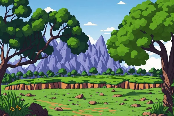 Dağlar Ağaçlarla Çizilmiş Karikatür Tarzı Bir Manzara — Stok Vektör