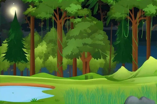 池と森を背景にした森の中の漫画風景 — ストックベクタ