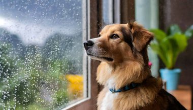 Bir köpek yağmurda pencereden dışarı bakıyor.