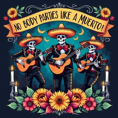 Festival Dia de los Muertos Mariachi İskelet Band Tişört Tasarımı