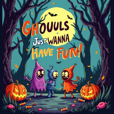 Playful Doodle Style Cadılar Bayramı Tişört Tasarımı Ghouls Dans Yarışması