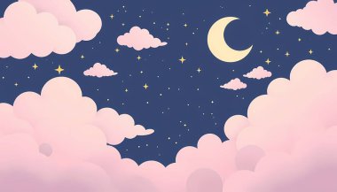 Pembe Bulutlu Şirin Gece Gökyüzü, Yıldızlar ve Ay