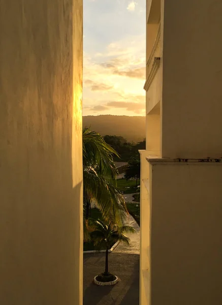 In between two walls of hotel during sunset with palm tree in distance