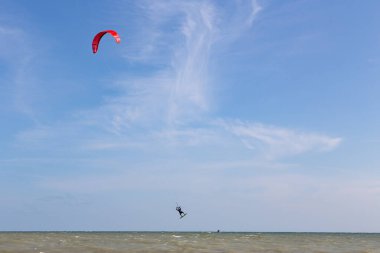 Toronto Ontario Canada Person kiteboarding in Toronto at Kew beach on Lake Ontario on a windy day 