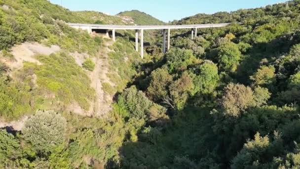 Černá Hora Dron Blíží Mostu Přes Rokli Které Projíždí Mnoho — Stock video