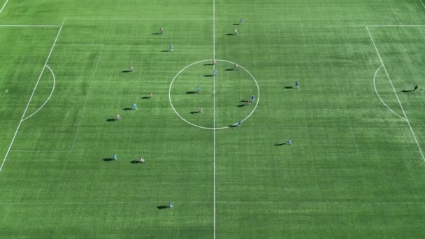 Vista Aérea Filmada Con Dron Los Niños Juegan Fútbol Campo — Vídeo de stock