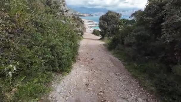 Stenen Weg Langs Struiken Naar Het Prachtige Strand — Stockvideo