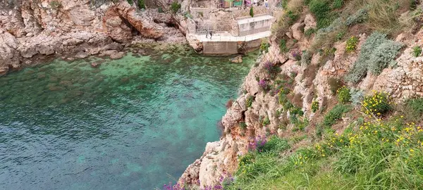 Kristal berrak ve şeffaf denizin üzerindeki eski şehrin kalesinin altındaki yeşil yamaçlar.