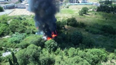 Park alanında yangın. İtfaiyeciler parktaki ağaçları söndürür. Kontrol etmesi zor olan tehlikeli bir element..