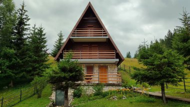 Sessiz ve bereketli bir ormanın kalbine yerleşmiş, ağaçlar ve canlı yeşilliklerle çevrili tuhaf ve küçük bir ahşap ev.