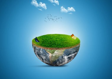 Eko konsepti. Geleceğin şehri. Gezegen kavramını sakla. Dünya Günü. Yüzeyinde farklı elementler olan Dünya. Yeşil çimenli ve manzaralı yarım dünya. Dünya üzerindeki yeşil şehir.