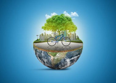 Eco concept. City of future. Save the planet concept. Earth Day. Earth with the different elements on its surface. Half earth with green grass and landscape. green city on earth. clipart