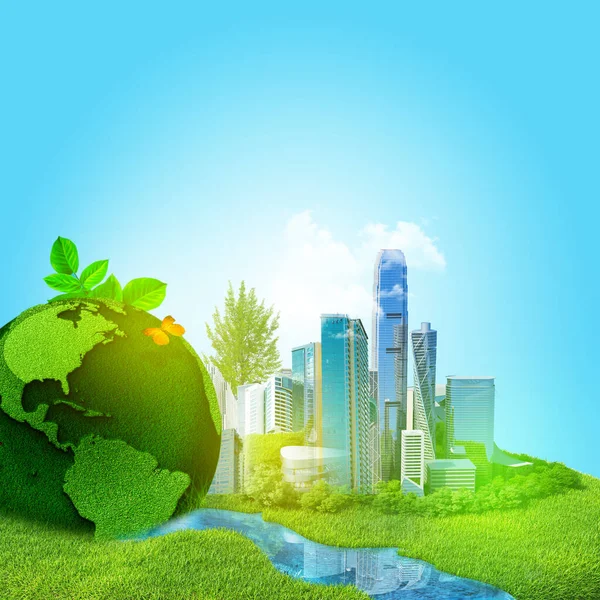 eco planet with building, trees and renewable energy. Green Peace Earth. Earth with the different elements on its surface. Humorous collage.