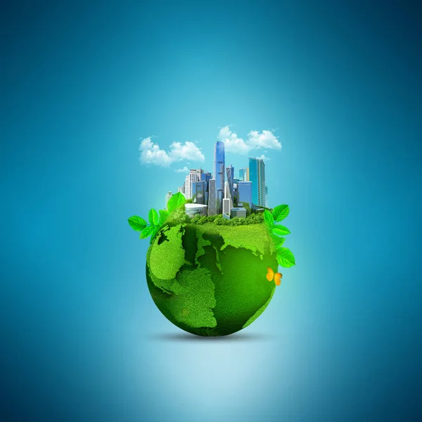 eco planet with building, trees and renewable energy. Green Peace Earth. Earth with the different elements on its surface. Humorous collage.