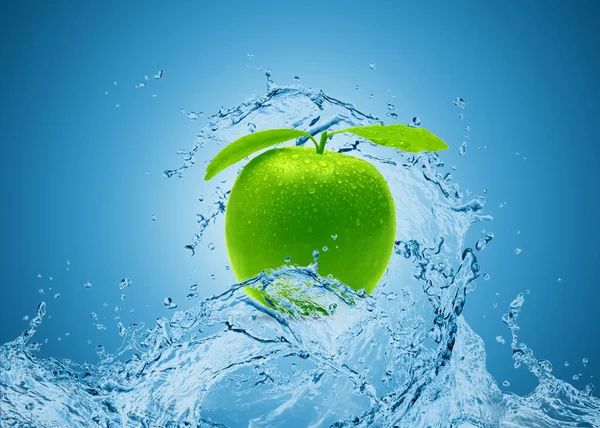 splash of blue water in green apple in blue background. Green apple water splash concept. water splash fruit concept. Fresh green apple with drops of water on a white blue. Splash of freshness.