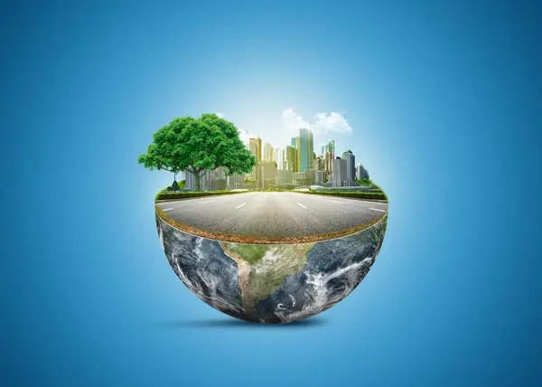 Eco concept. City of future. Save the planet concept. Earth Day. Earth with the different elements on its surface. Half earth with green grass and landscape. green city on earth.