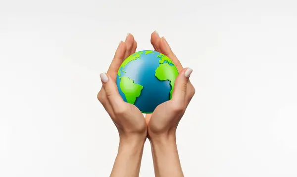 Two hands holding the earth on blue color gradient background. hand holding world map.