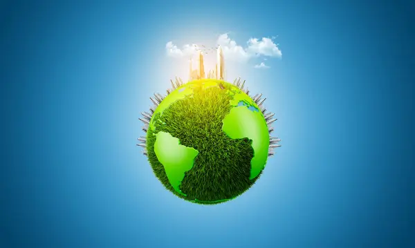 eco and environmental concept. The big tree growing between modern building on top of the earth. city and world creative concept manipulation. world environment day. earth day, world planet day.