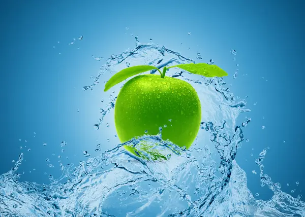 Splash Blue Water Green Apple Blue Background Green Apple Water — Stock Photo, Image