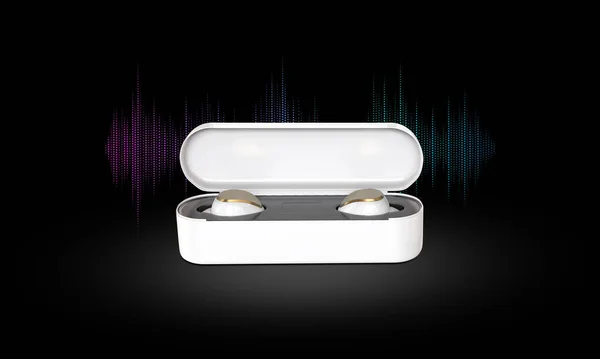 wireless headphones with charging case isolated on white background. earphones for smartphone and tablet. realistic and detailed mockup. Earbuds 3D render image. Wireless earphone music background.