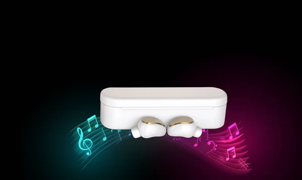 wireless headphones with charging case isolated on white background. earphones for smartphone and tablet. realistic and detailed mockup. Earbuds 3D render image. Wireless earphone music background.