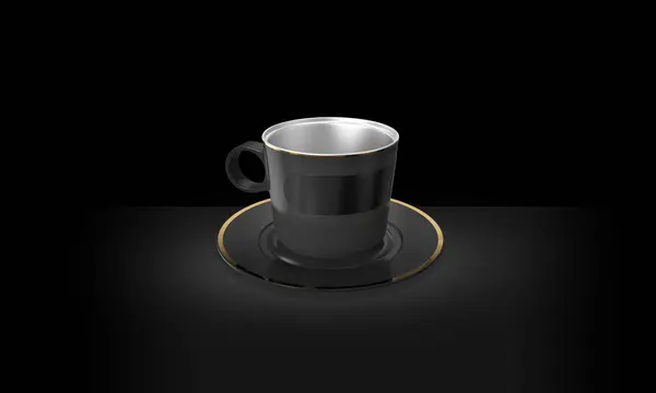 Gece arkaplanında Black Steel resmi var. Siyah arka planda sıcak çay fincanı. Siyah renkli boş kupa 3B görüntüleme.