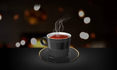 Gece arkaplanında Black Steel resmi var. Siyah arka planda sıcak çay fincanı. Siyah renkli boş kupa 3B görüntüleme.