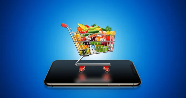 E-commerce or online shopping concept with trolley pushing cart on mobile phone. online shopping creative manipulation. shop discount creative. shopping creative. grocery shopping e-commerce store.