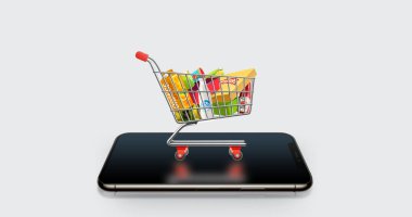 E-ticaret ya da internetten alışveriş konsepti. Cep telefonunda el arabası var. Online alışveriş yaratıcı manipülasyonu. Mağaza indirimi yaratıcı. Alışveriş yaratıcı. Market alışverişi e-ticaret mağazası.