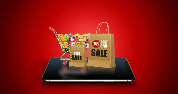 Black Friday advertising background. Discount offer online banner. Shopping cart with purchases  packages and boxes on the modern mobile. Sales offer banner on red and black background.