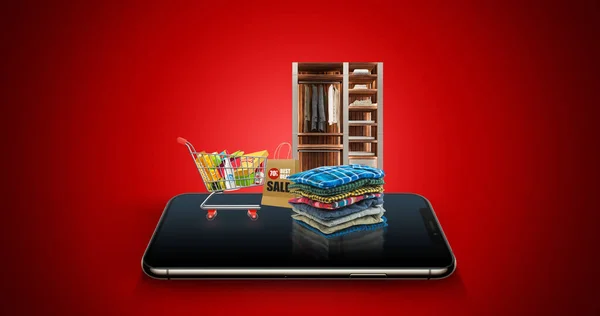 Kara Cuma reklam geçmişi. İndirim internet afişi. Modern cep telefonunda paketleri ve kutuları olan alışveriş arabası. Satışlar kırmızı ve siyah arka planda pankart sunar. 
