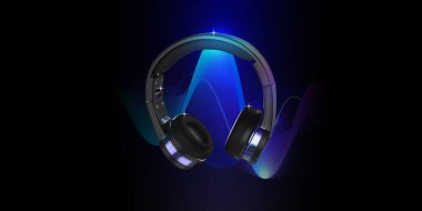 Kulaklık yaratıcı. Kulaklık 3D, siyah arka planda. Siyah arkaplanda ses sistemi yaratıcı. 