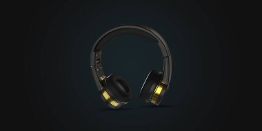 Kulaklık yaratıcı. Kulaklık 3D, siyah arka planda. Siyah arkaplanda ses sistemi yaratıcı. 