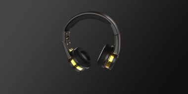 Kulaklık yaratıcı. Kulaklık 3D, siyah arka planda. Siyah arkaplanda ses sistemi yaratıcı. 