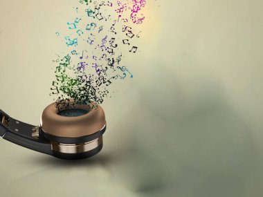 Kulaklık yaratıcı. Kulaklık 3D, siyah arka planda. Siyah arkaplanda ses sistemi yaratıcı. 