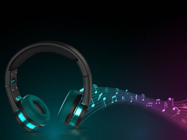 Dünya müzik günü. Kulaklıktan müzik dinlemek. Kulaklık 3D, yaratıcı manipülasyon. Siyah arkaplanda dalga müziği.