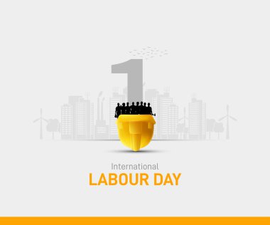 Uluslararası İşçi Bayramı. İşçi bayramı yaratıcısı. Yaratıcı bir konsept. Dünya İşçi Bayramı konsepti vektör illüstrasyonu. Güvenlik miğferi vektörü. 1 Mayıs yaratıcı. 