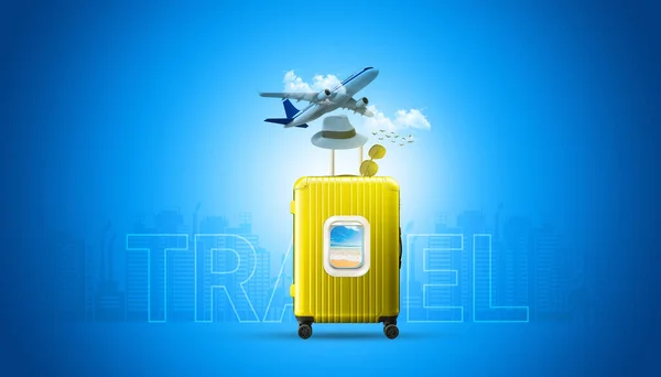 Backpack with an airplane on a colored background. World tourism day concept. Concept of travel, tourism, vacation, vacation, dream.