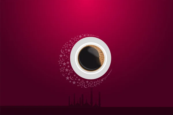Eid Mubarak creative concept. Background for restaurant or coffee shop for Ramadan and Eid celebration where cup of coffee or tea in half moon represents for eid. Last day of ramadan concept.