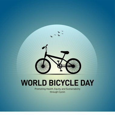 Dünya Bisiklet Günü. Dünya Bisiklet Günü yaratıcı geçmişi, şablon, afiş, poster, sosyal medya paylaşımı, tebrik kartı, tişört vs. Bisiklet yoluyla Sağlık, Eşitlik ve Sürdürülebilirliğin Desteklenmesi.