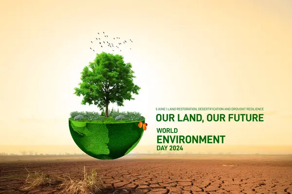 Dünya Çevre Günü 2024 konsepti - arazi restorasyonu, çölleşme ve kuraklık dayanıklılığı. Ekoloji konsepti. Dünya Çevre Günü yaratıcı kavram afişi, poster, sosyal medya postası, kartpostal.