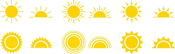 黄色い太陽のアイコンセット 日光と太陽光 日の出や日没 装飾的な円は 太陽と日光の半分を満たしています 太陽光発電のための熱い太陽エネルギー ホワイトバックグラウンドのサンアイコン — ストックベクタ
