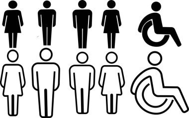 Tuvalet simgeleri, çeşitli cinsiyetler için banyo, tuvalet için kadın ve tekerlekli sandalye işaretleri, beyaz arka planda ince çizgi sembolü..