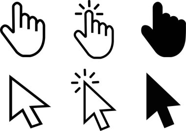 Bilgisayar faresi imleç gri ok simgeleri ayarlandı ve simgeler yükleniyor. İmleç simgesi. Elle tıklama simgesi koleksiyonu. İşaret tıklama simgesi. Fare tıklama imleci koleksiyonu beyaz arkaplanda izole edildi.