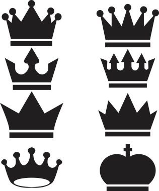 Düz Crown simge şablonu renkleri düzenlenebilir. Beyaz arka planda izole edilmiş siyah taç siluetleri. Kraliyet taç sembolü. Taç çizgisi simgesi. Vektör düz taç.