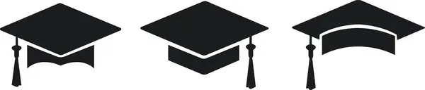 毕业帽图标设置 线条和字形版本 学生帽轮廓和填充向量符号 学术帽线性和完整的象形文字 教育符号 不同风格的图标 — 图库矢量图片