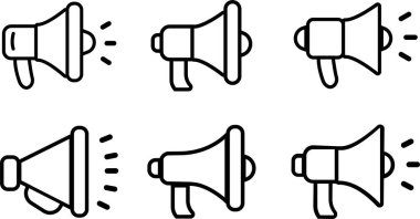 Megafon simgeleri ayarlandı. Sesli elektrikli megafon sembolü. Hoparlör megafon ikonu koleksiyonu. Reklam konsepti. Düz ve satır biçimi - beyaz arkaplan üzerine izole edilmiş stok.