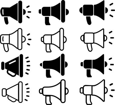 Megafon simgeleri ayarlandı. Sesli elektrikli megafon sembolü. Hoparlör megafon ikonu koleksiyonu. Reklam konsepti. Düz ve satır biçimi - beyaz arkaplan üzerine izole edilmiş stok.