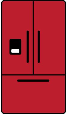 Kırmızı Buzdolabı düz simgesi. Buzdolabı tipleri, dondurucu, şarap soğutucusu, ticari aletler, soğutmalı vitrin. Beyaz arka planda izole edilmiş ev aletleri dükkanı için ince doğrusal işaretler.