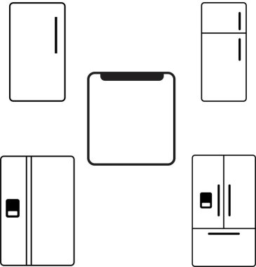 Buzdolabı hattı ikonu. Buzdolabı tipleri, dondurucu, şarap soğutucusu, ticari aletler, soğutmalı vitrin. Beyaz arka planda izole edilmiş ev aletleri dükkanı için ince doğrusal işaretler.